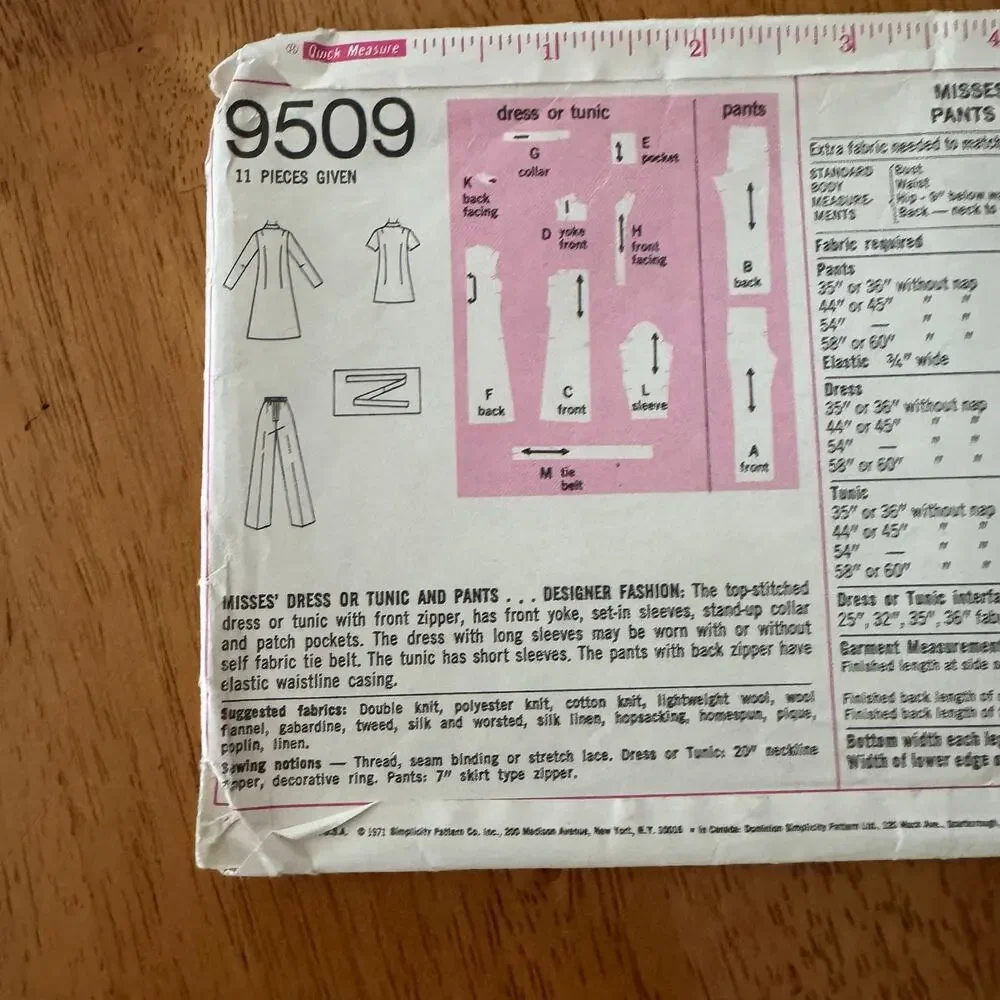 Vintage 1971 Simplicity Sewing Pattern 9505 Dress Tunic Pants Size 14 36-27-28
